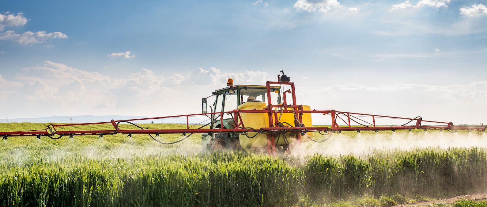 Traktor med besprutningsanordning som besprutar ett vetefält.