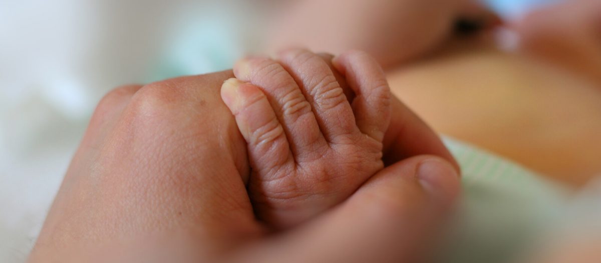 Liten bebishand håller tag runt pekfingret på en vuxens hand