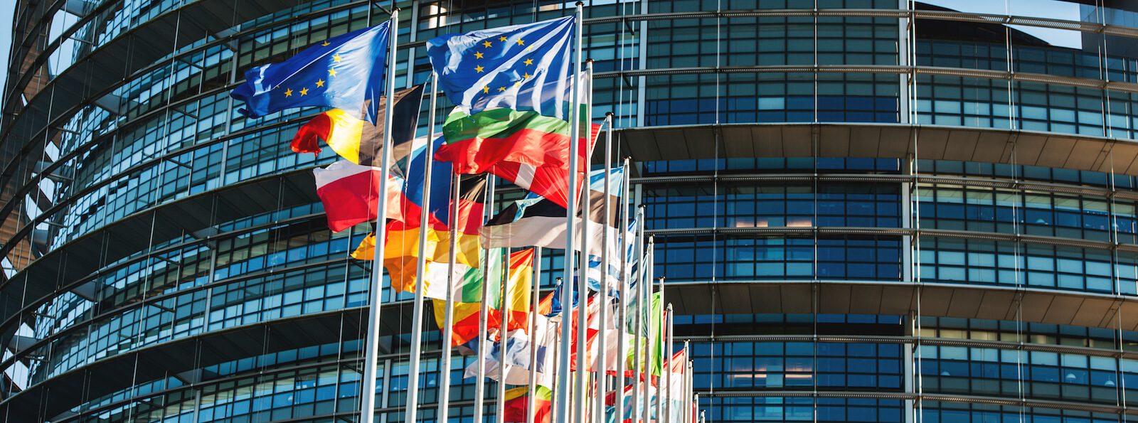 EUs flaggor vajar i solen framför parlamentsbyggnaden i Bryssel.