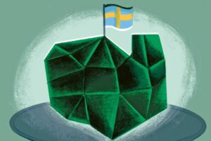 Illustration av en uranbit med en svensk flagga