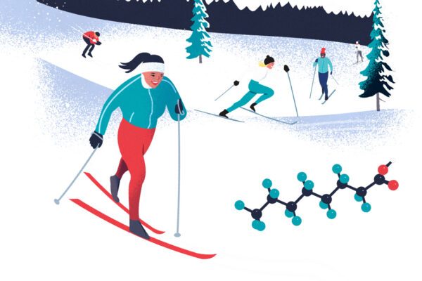 Illustration av vintersport och en PFAS-molekyl.