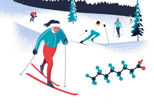 Illustration av vintersport och en PFAS-molekyl.