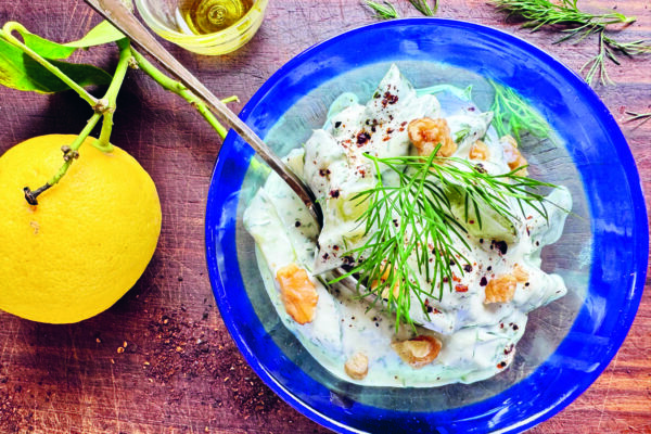 Bild på rostad gurka i dillyoghurt med en citrusfrukt bredvid.
