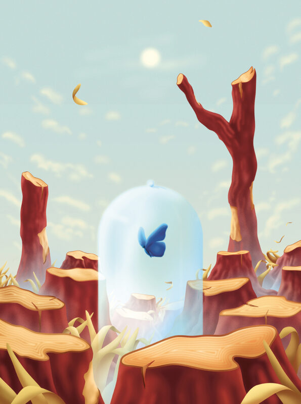 Illustration fjäril i glaskupa