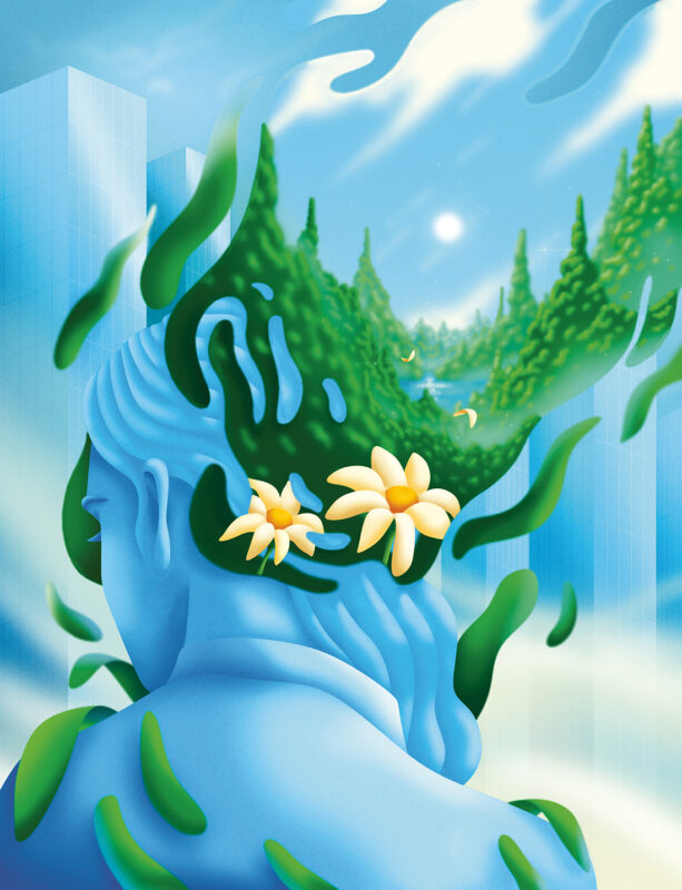 Illustration , kvinna med blommor i håret. 