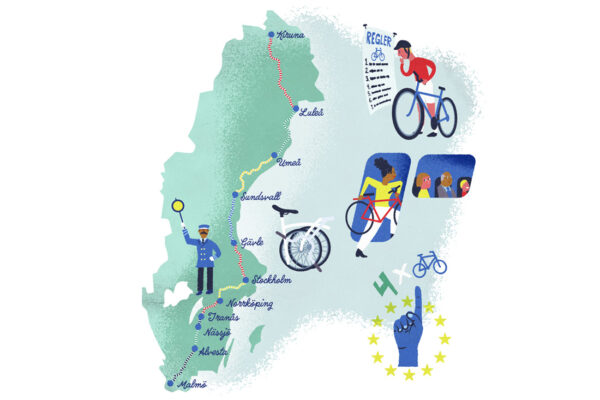 Illustration cykel och Sverige, resa från