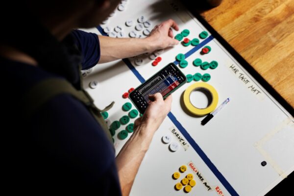 Person med mobil planerar på whiteboard
