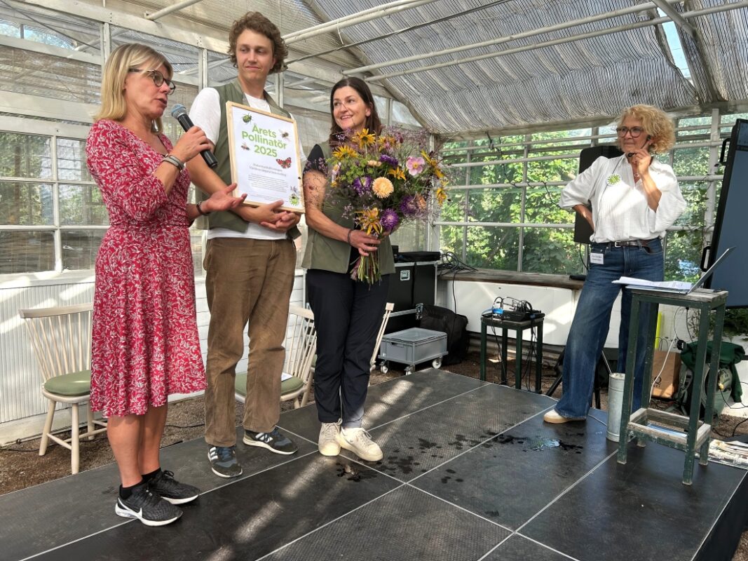 Prismottagare på scen med blommor och diplom.